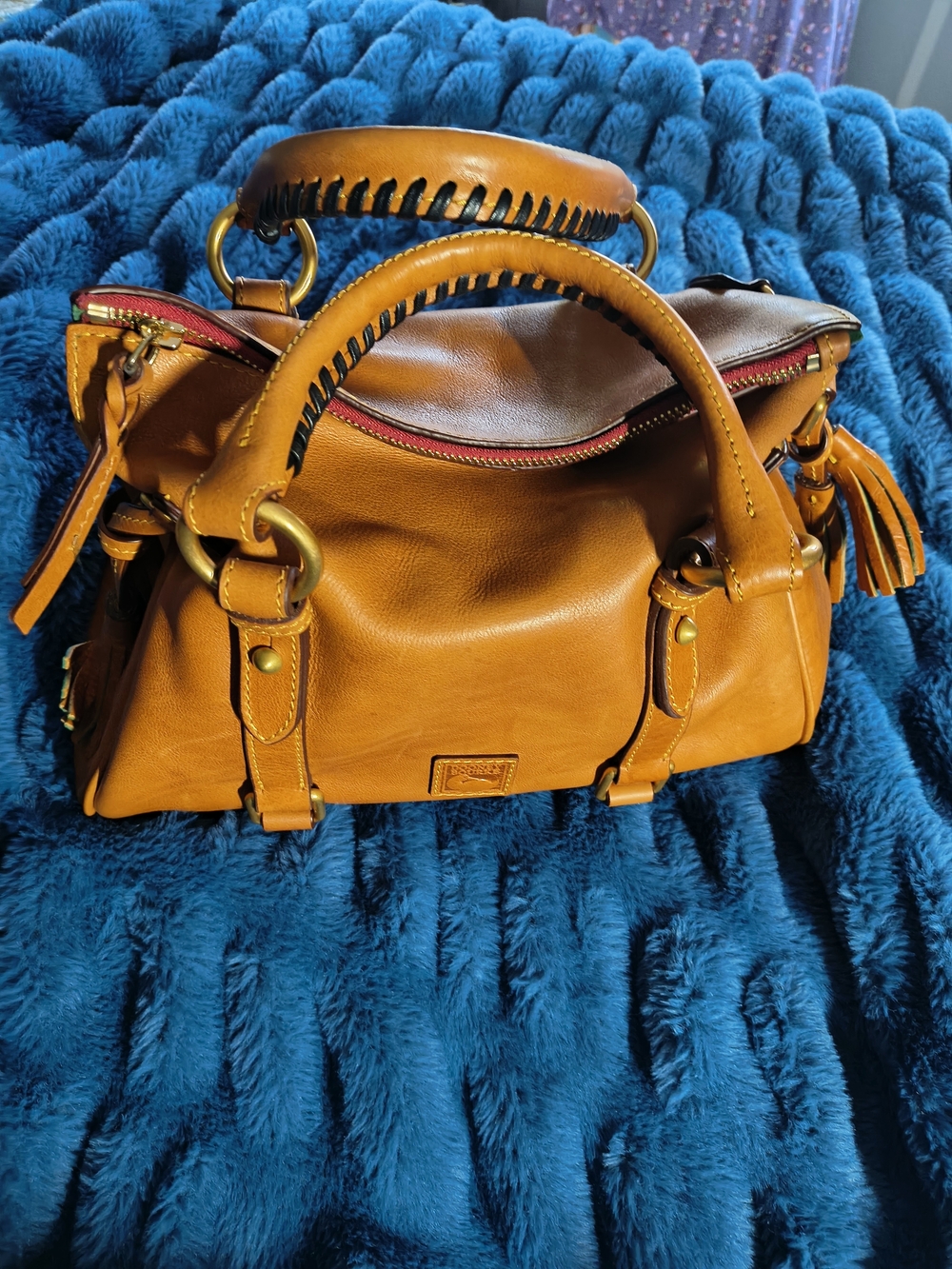 Dooney and Bourke Florentine Large Leather Satchel Handbag in Cognac Brown